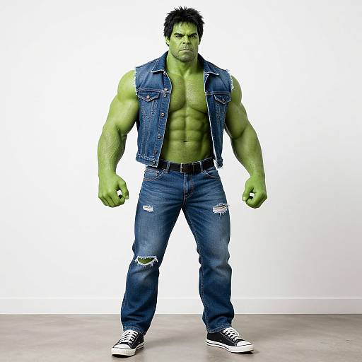 Photograph of a muscular green-skinned man with short black hair, wearing a sleeveless denim vest, ripped jeans, and black sneakers, standing against