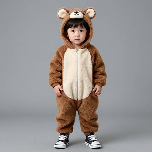 Photograph of an Asian baby wearing a brown and cream bear onesie with hood, black shoes, standing against a gray background.