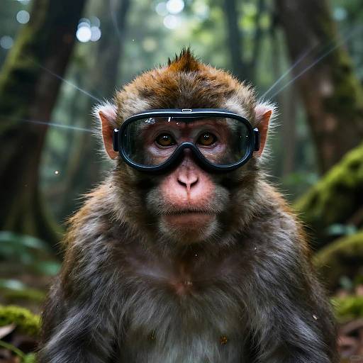 Monkey Wearing High-Tech Goggles in Forest