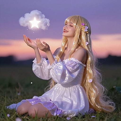 Photograph of a blonde woman in a glowing white off-shoulder dress, sitting on grass at sunset, conjuring a sparkling cloud with her hands