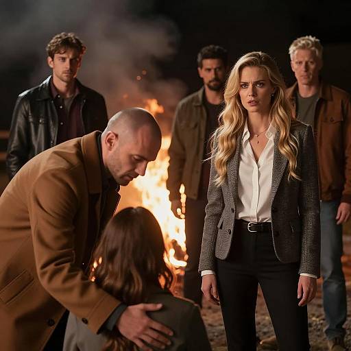 Dramatic Night Scene with Intense Group by Fire