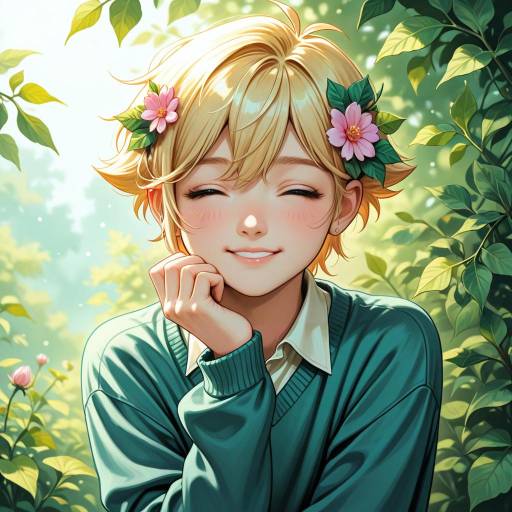 Blonde Boy in Green Sweater with Flowers