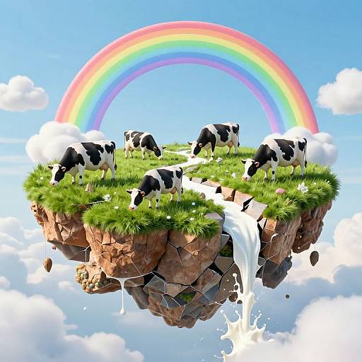 Floating grassy island with black-and-white cows, waterfall, and rainbow in bright blue sky with fluffy clouds. Digital artwork.