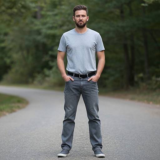 Photograph of a bearded, muscular man with short brown hair, wearing a light gray t-shirt, gray pants, black belt, and black sneakers