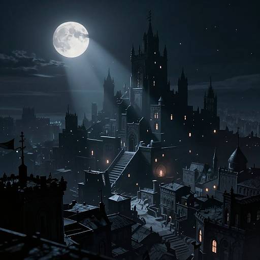 Nighttime cityscape of Gothic architecture illuminated by a bright, full moon casting beams over a staircase, with scattered lights and shadows.