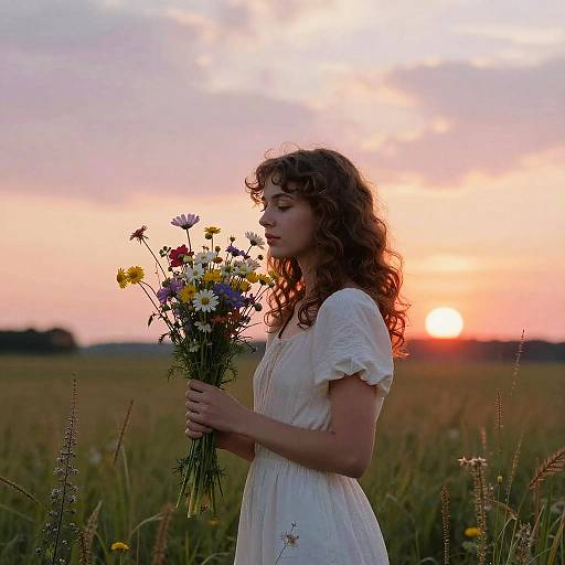 Girl with Wildflowers at Sunset