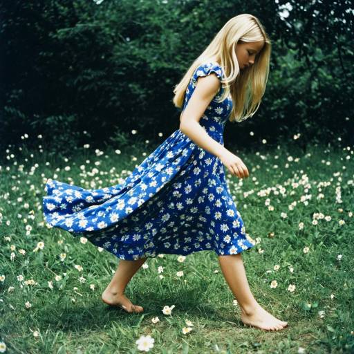 Blonde Girl in Blue Floral Dress Walking Barefoot