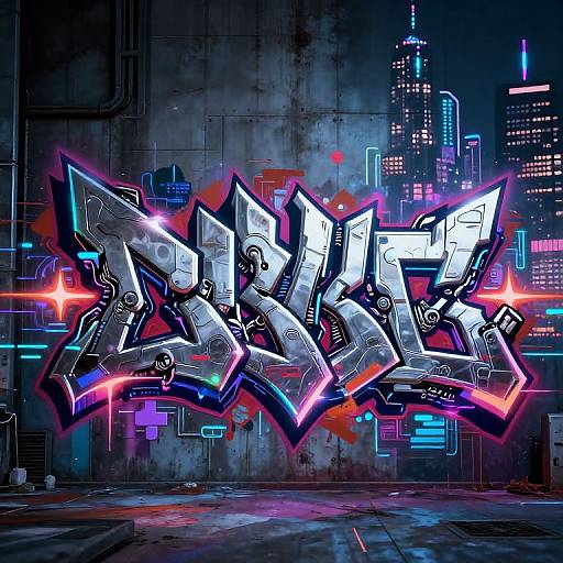 Digital graffiti art of stylized, neon-lit urban letters on a concrete wall, with colorful city skyscrapers in the background.