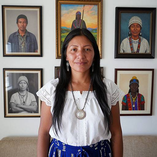 Photograph of a smiling Indian woman with long black hair, wearing a white blouse and blue skirt, standing in front of a wall adorned with framed portraits