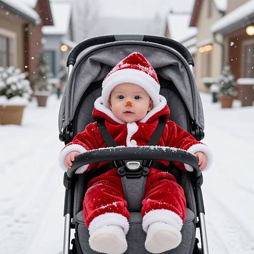 Photograph of a cute baby in a red Santa outfit, sitting in a black stroller, driving through a snowy, festive street.