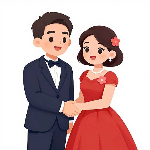 Digital cartoon of a smiling couple; man in black tuxedo, woman in red dress, holding hands, white background. She has a red flower
