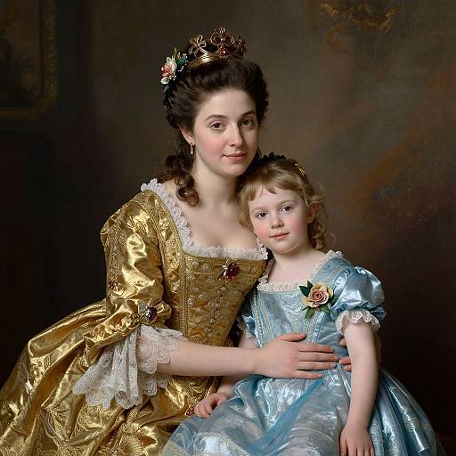 Photograph-style portrait of a fair-skinned, dark-haired woman in a gold gown, holding a fair-skinned, blonde-haired child in a blue
