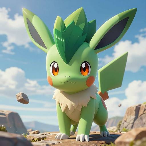 Digital artwork of a cute, green, Pokémon-like creature with large ears, red eyes, leaf-like crest, and fluffy neck, standing on rocky terrain