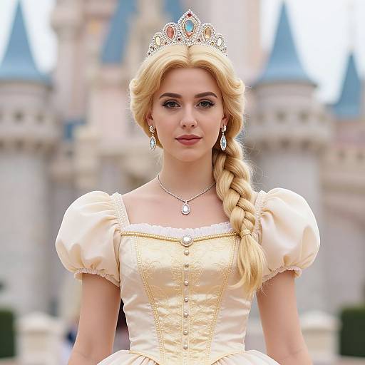 Photograph of a blonde princess with a braided ponytail, wearing a yellow, puffed-sleeve dress, silver tiara, and necklace