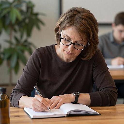 Focused Middle-Aged Woman Writing in Notebook