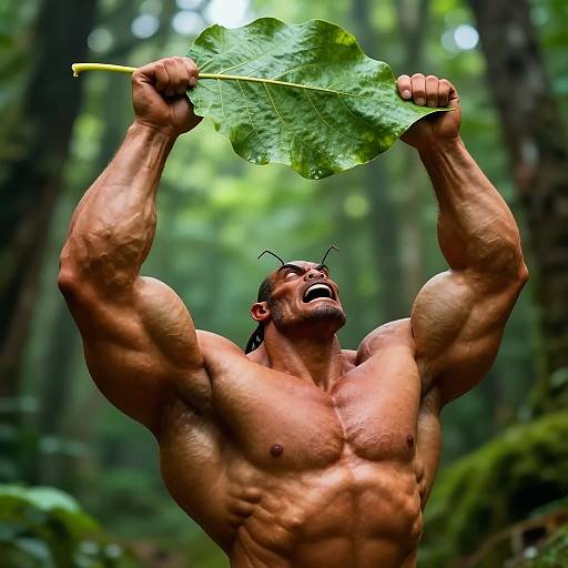Photograph of a hyper-muscular man with tan skin, black hair, and antennae, roaring while holding a large green leaf above his head