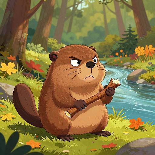 Cartoon beaver with brown fur, holding twig, standing by a sunny forest stream, surrounded by colorful flowers and tall trees.
