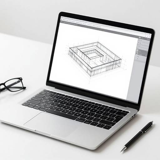 Photograph of an open silver laptop displaying a 3D wireframe cube on a white background, with black keyboard, black pen, and black-fr