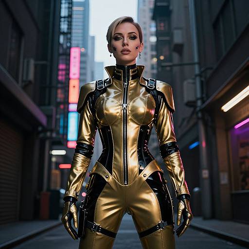 Cyberpunk woman in shiny gold and black latex suit, standing confidently in neon-lit alleyway, tall buildings in the background. Photorealistic