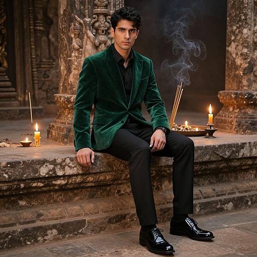Photograph of a handsome young man with dark hair, wearing a green velvet blazer, black pants, and polished shoes, sitting on stone steps in