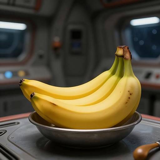 Photograph of a bunch of ripe yellow bananas in a metallic bowl on a futuristic, dark gray spaceship control panel.