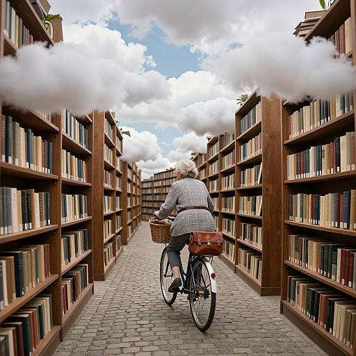 Photograph of an elderly person with gray hair, wearing a checkered coat, riding a bicycle down a narrow library aisle with wooden bookshelves on