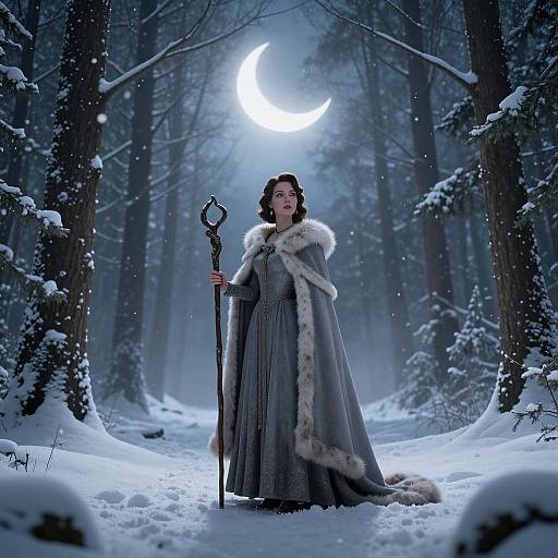 Digital artwork of a snow-covered forest at night, featuring a woman in a blue-gray gown and fur-trimmed cloak, holding a staff, under