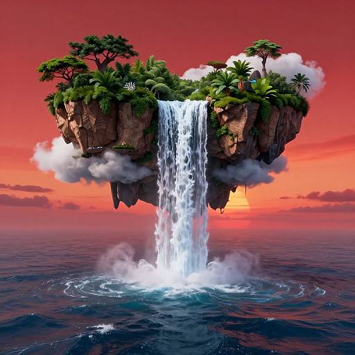 Photorealistic CGI of a floating island with lush green trees, a cascading waterfall, and mist, set against a vibrant red-orange sunset sky over
