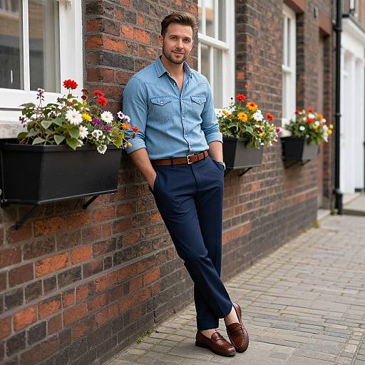 Photograph of a handsome man with short brown hair, blue shirt, dark pants, brown belt, and brown shoes, leaning against a brick wall with