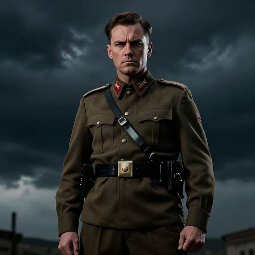 Photograph of a serious-looking white man in a dark green military uniform with red collar, black belt, and strap, standing against a dramatic, cloudy