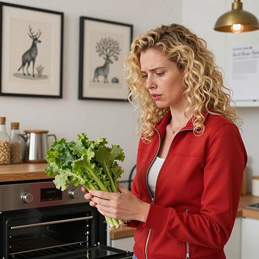 Concerned Woman Holding Fresh Greens in Kitchen