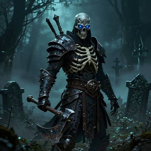 Digital artwork of a skeletal warrior with glowing blue eyes, wearing dark, metallic armor, holding a blood-stained axe in a misty, graveyard setting