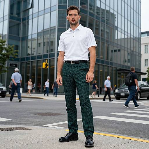 Photograph of a handsome man with short dark hair and beard, wearing a white polo shirt, dark green checkered pants, and black shoes, standing
