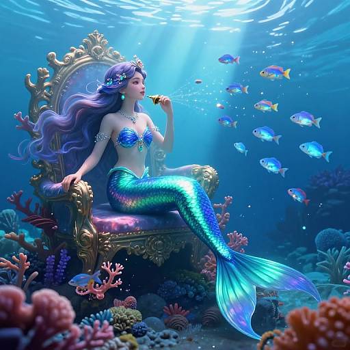 Digital artwork of a blue, iridescent mermaid with long purple hair, sitting on an ornate throne, surrounded by colorful coral and swimming fish
