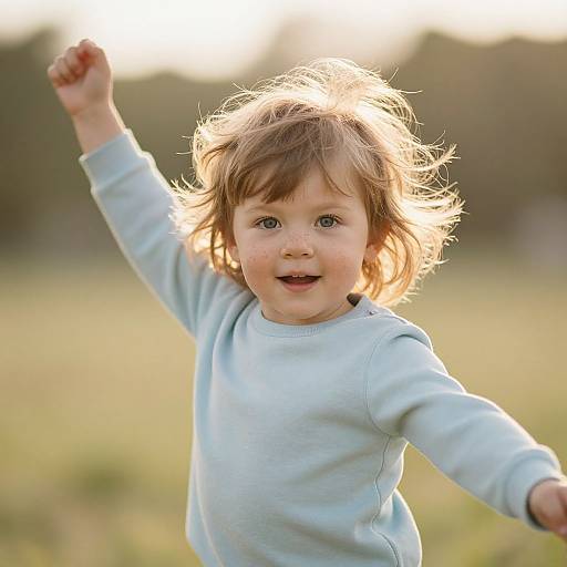 Photograph of a young, light-haired child with blue eyes, wearing a light blue shirt, raising one arm joyfully in a sunlit grassy
