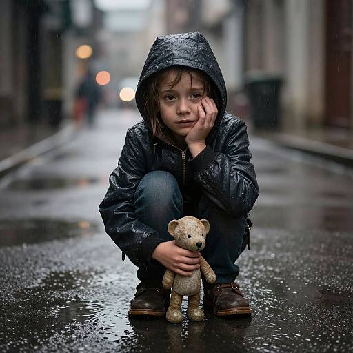 Despairing Child in Rainy Alleyway