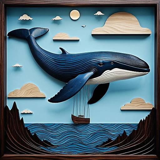 Magritte-Inspired Intarsia Whale in Sky