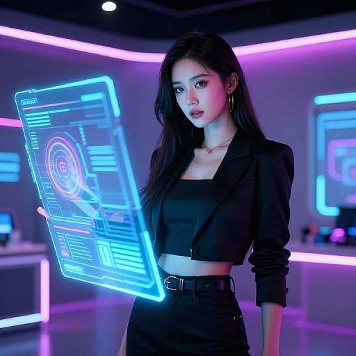 Digital CGI of a young Asian woman with long black hair, wearing a black crop top and blazer, holding a glowing blue holographic screen in a