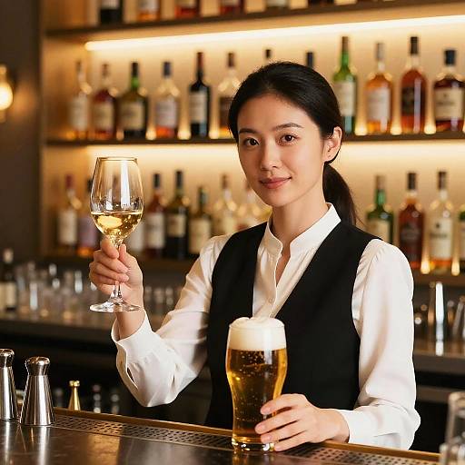 Photograph of an Asian female bartender with black hair in a ponytail, wearing a white shirt and black vest, holding a wine glass and a beer