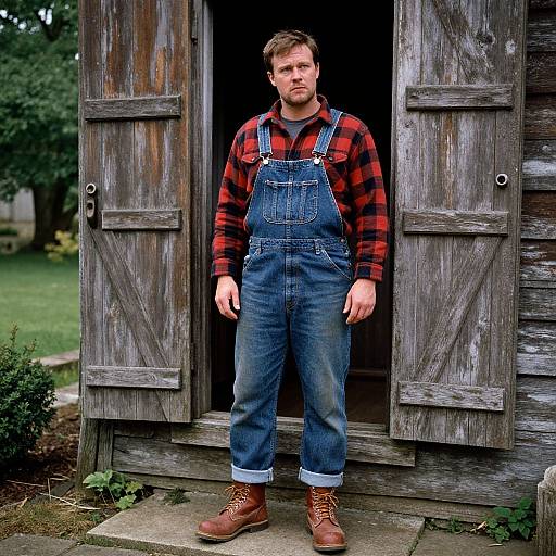 Photograph of a bearded man in red plaid shirt and blue denim overalls, standing in front of a weathered wooden barn door, green