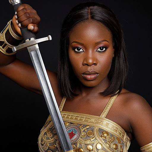 Photograph of a dark-skinned woman with straight black hair, wearing ornate gold armor and holding a sword, against a black background.