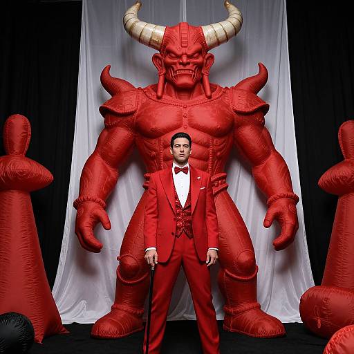 Photograph of a man in a red tuxedo standing between two giant red statue demons with horns, against a white curtain backdrop.