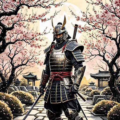 Futuristic Samurai in Cherry Blossom Garden
