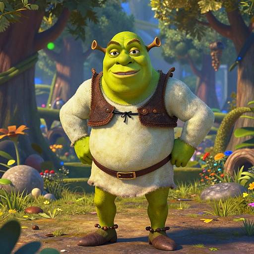 CGI image of a green, chubby, smiling ogre with horns, wearing a white tunic, brown vest, and boots, standing in a
