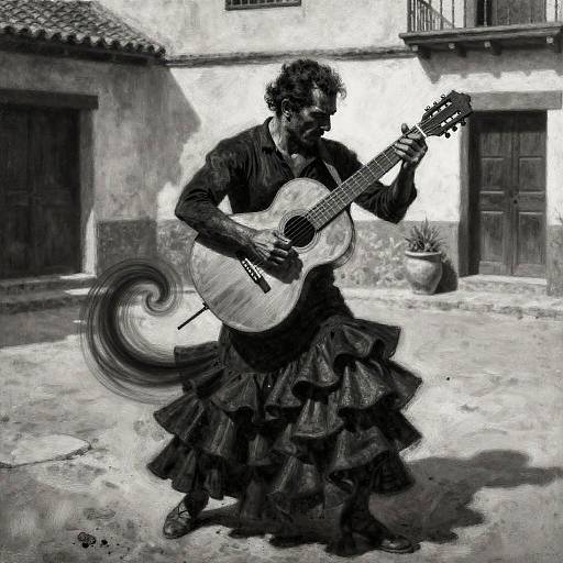 Charcoal Flamenco Guitarist in Rustic Spanish Courtyard