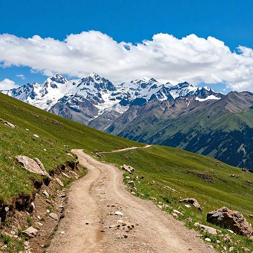 Photograph of a dirt trail winding through green grassy hills, leading to snow-capped mountain peaks under a bright blue sky with white clouds.