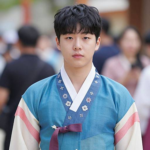 Photograph of an East Asian man with short black hair, wearing a blue traditional Korean hanbok with white floral embroidery and red accents, standing in