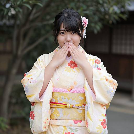 Japanese Woman in Floral Kimono with Hair Ornament