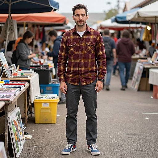 Photograph of a bearded man in a red plaid shirt and black pants standing in a busy outdoor market, surrounded by vendors and colorful stalls.