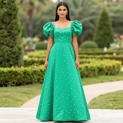 Photograph of a dark-haired woman in a vibrant, turquoise, full-length gown with puffed sleeves, standing in a lush, green garden.